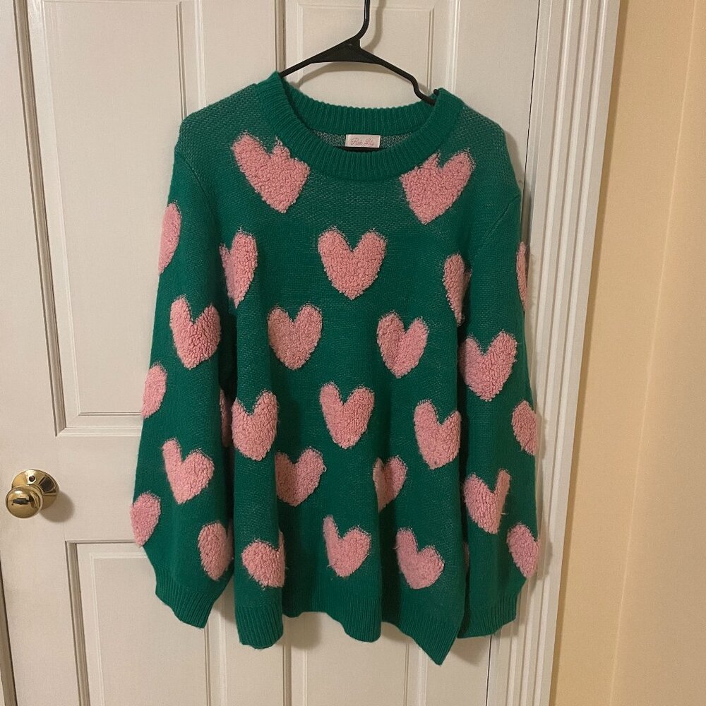Pink Lily I’ll Be There Green Fuzzy Heart Sweater